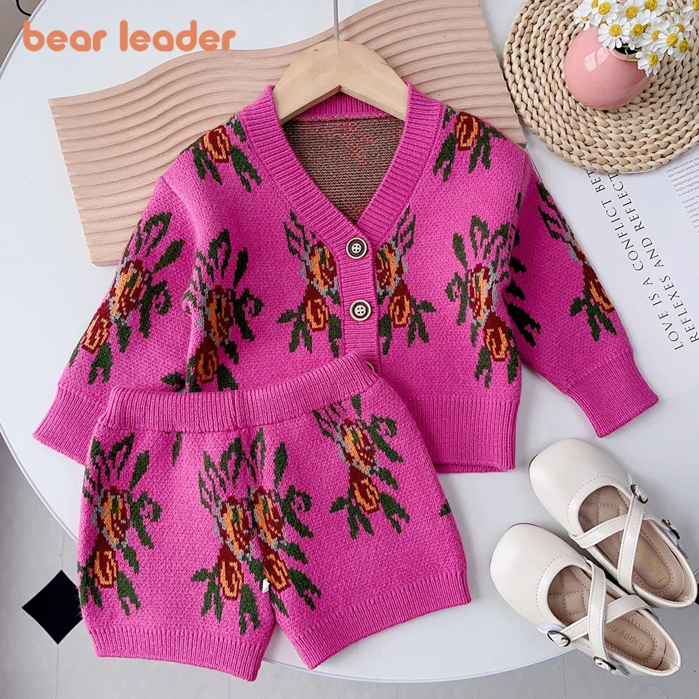 Pink Knitted Floral Short Set