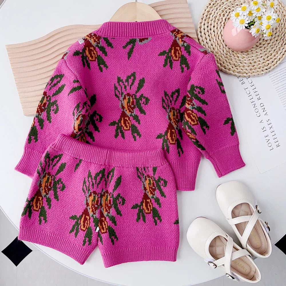 Pink Knitted Floral Short Set